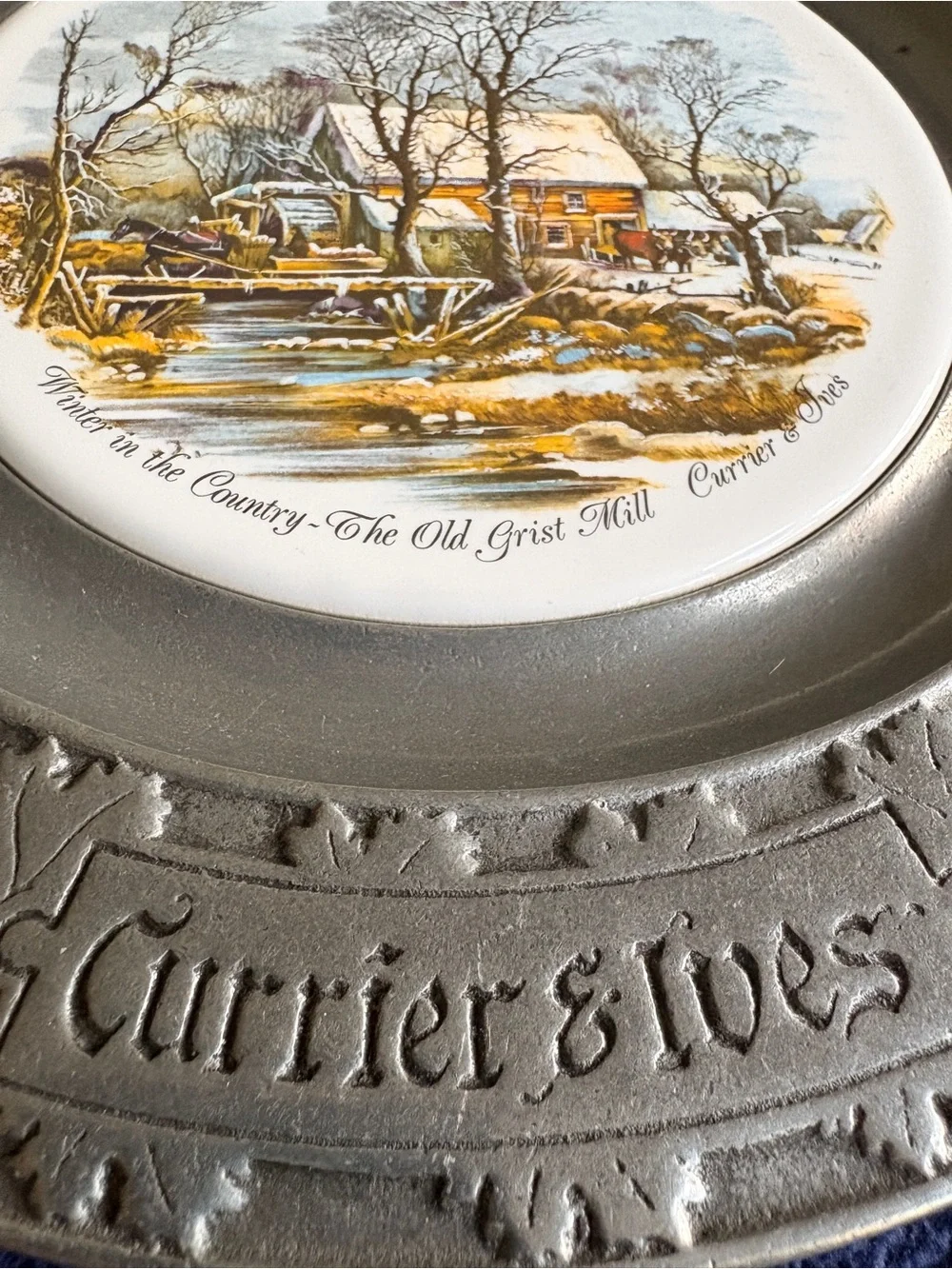 Vintage Currier & Ives Old Grist Mill Pewter Plate | Carson Freeport PA | Winter